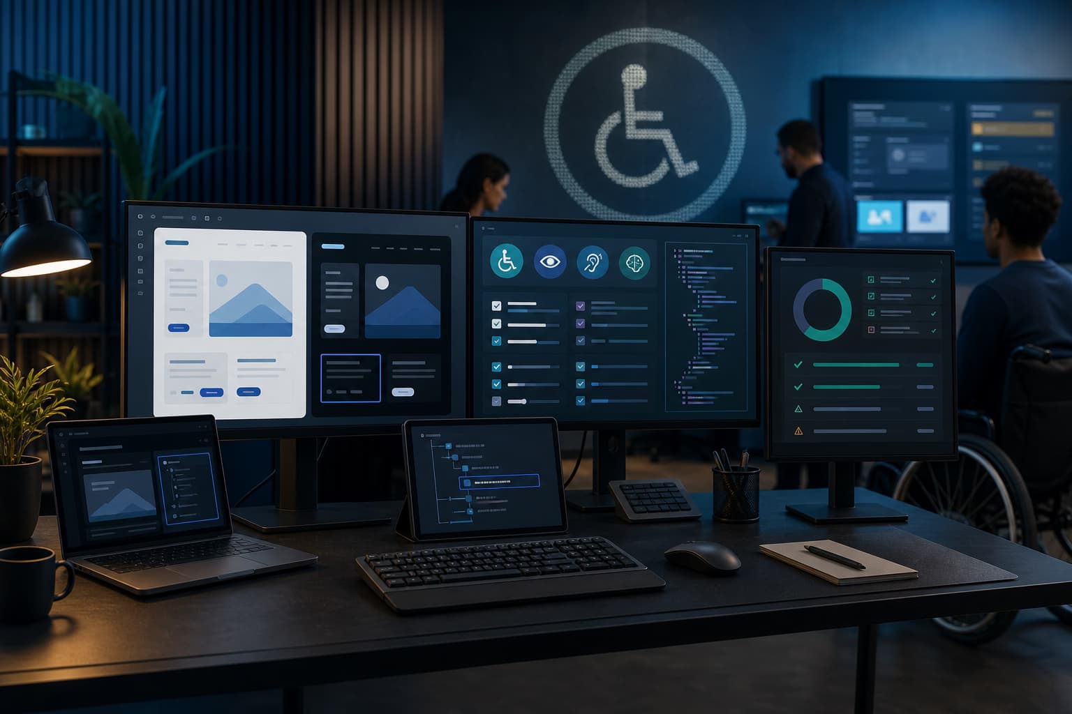 Accessibility – icons for vision, keyboard, speech and inclusion in front of an accessible web interface following WCAG 2.2