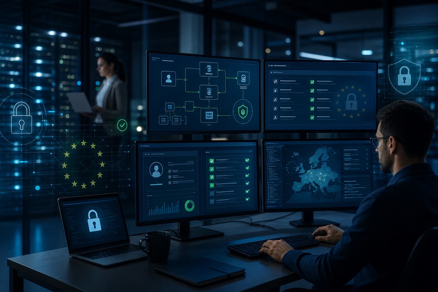 Privacy and GDPR – lock icon, EU stars and a secure web form symbolizing confidential handling of personal data