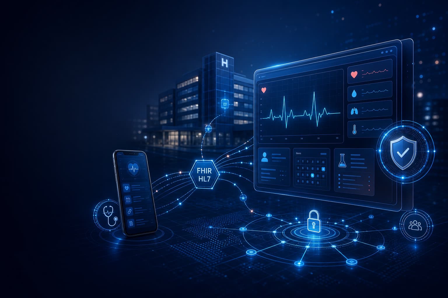 Healthcare IT-Lösungen – B2B-Dashboard mit ECG, Vitalzeichen, Patient-App, FHIR/HL7-Schnittstelle, Krankenhaus und DSGVO-Schild für Telemedizin und KIS-Integration