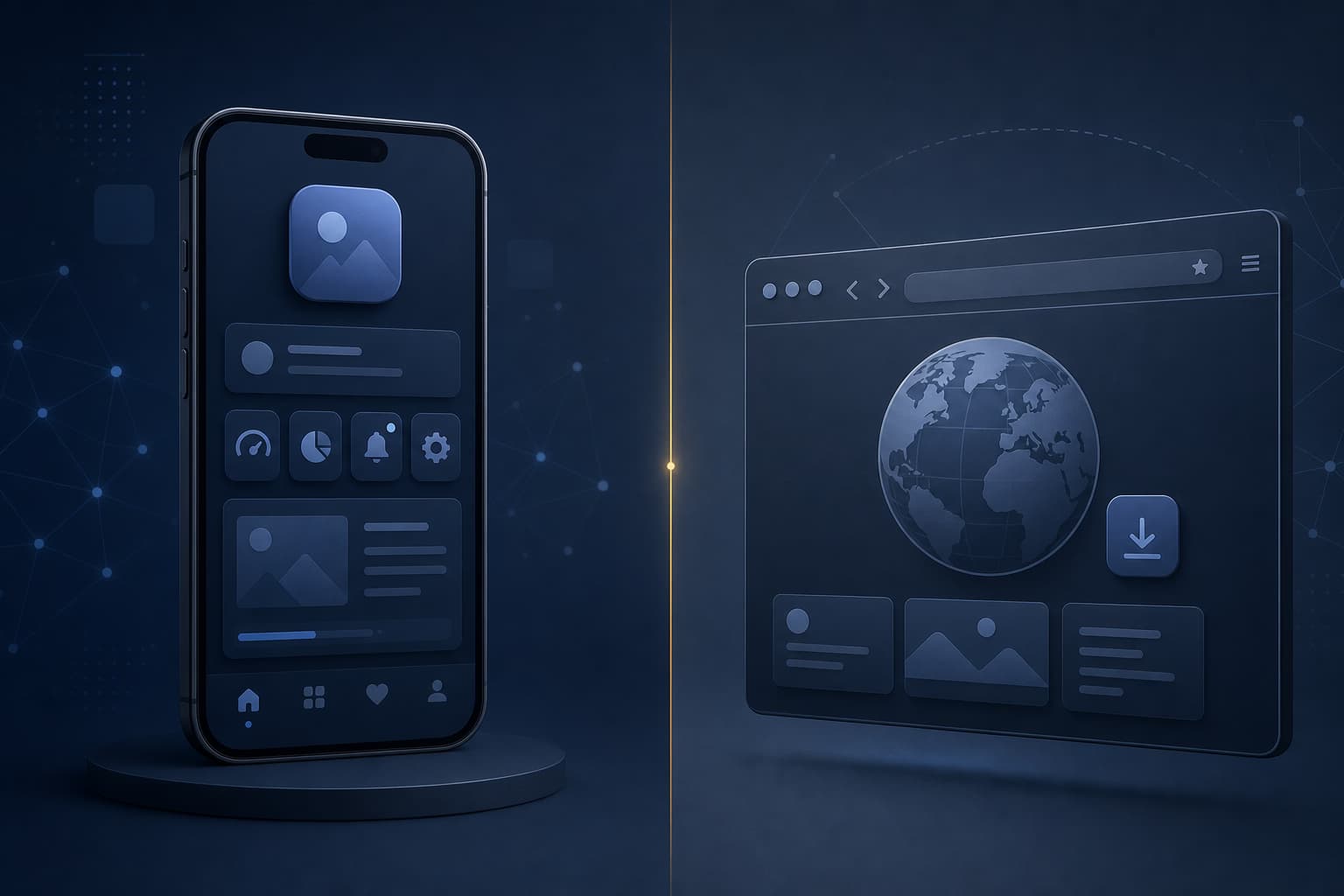 Native App vs Progressive Web App – Smartphone und Browser-Fenster im direkten Vergleich