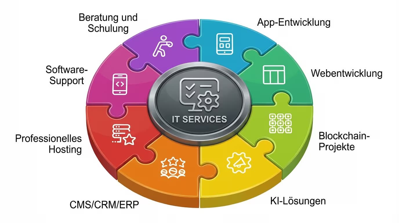 Unser Leistungsspektrum: App-Entwicklung, Webentwicklung, Blockchain-Projekte, KI-Lösungen, CMS/CRM/ERP, Professionelles Hosting, Software-Support, Beratung und Schulung