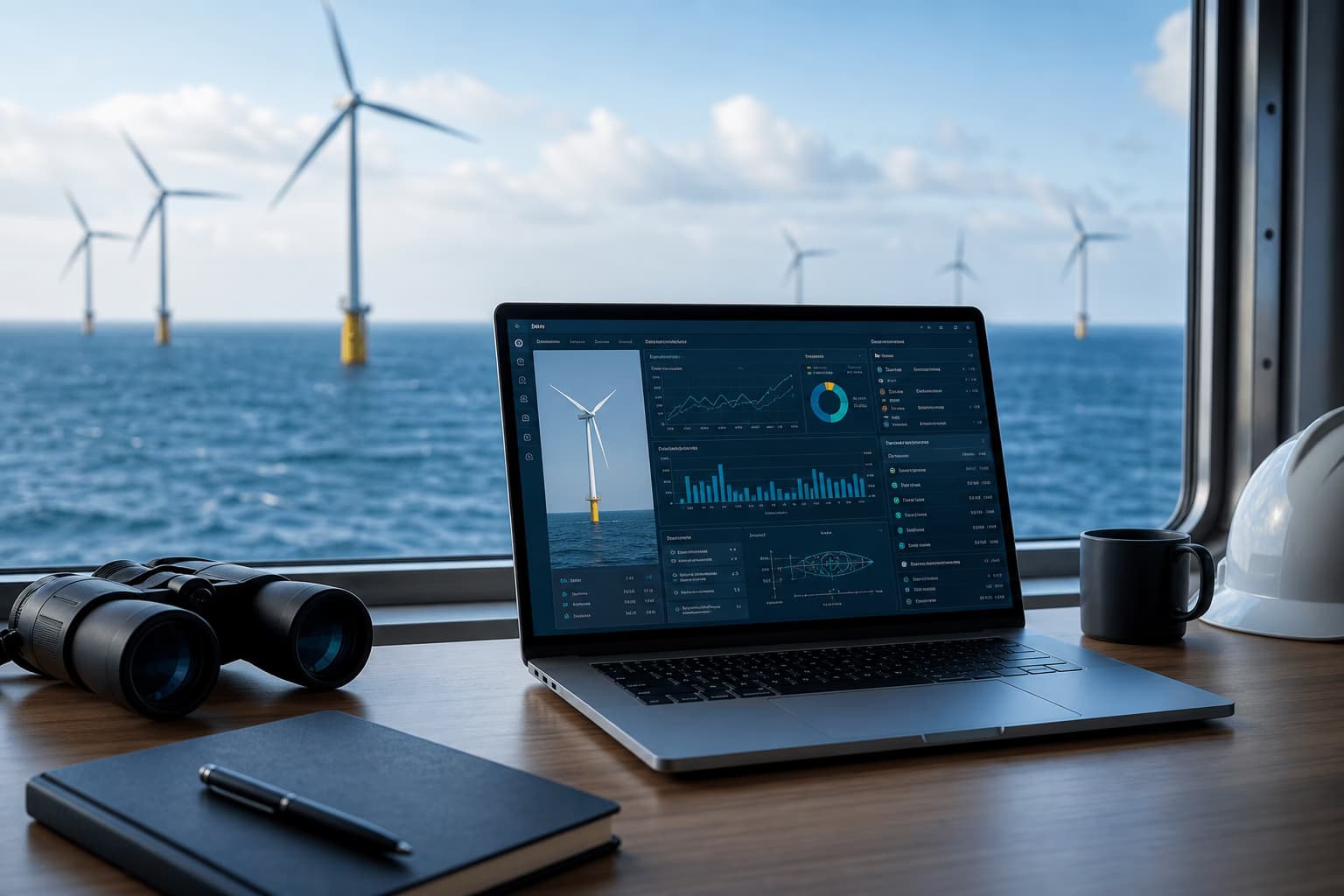 Software für Windenergie und maritime Branche – Offshore-Windpark, Schiffe und Plattform mit Monitoring-Dashboard