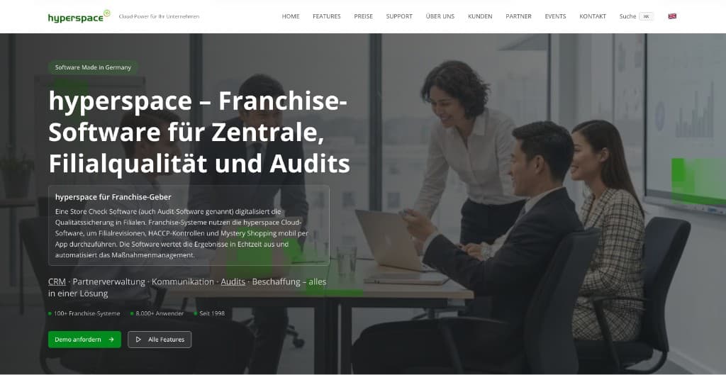 Website hyperspace.gmbh: Hero-Bereich mit Schlagzeile „Franchise-Software für Zentrale, Filialqualität und Audits“ und grüner Markenoptik; Referenz Hyperspace (Web-Applikation, ColdFusion/CFML)