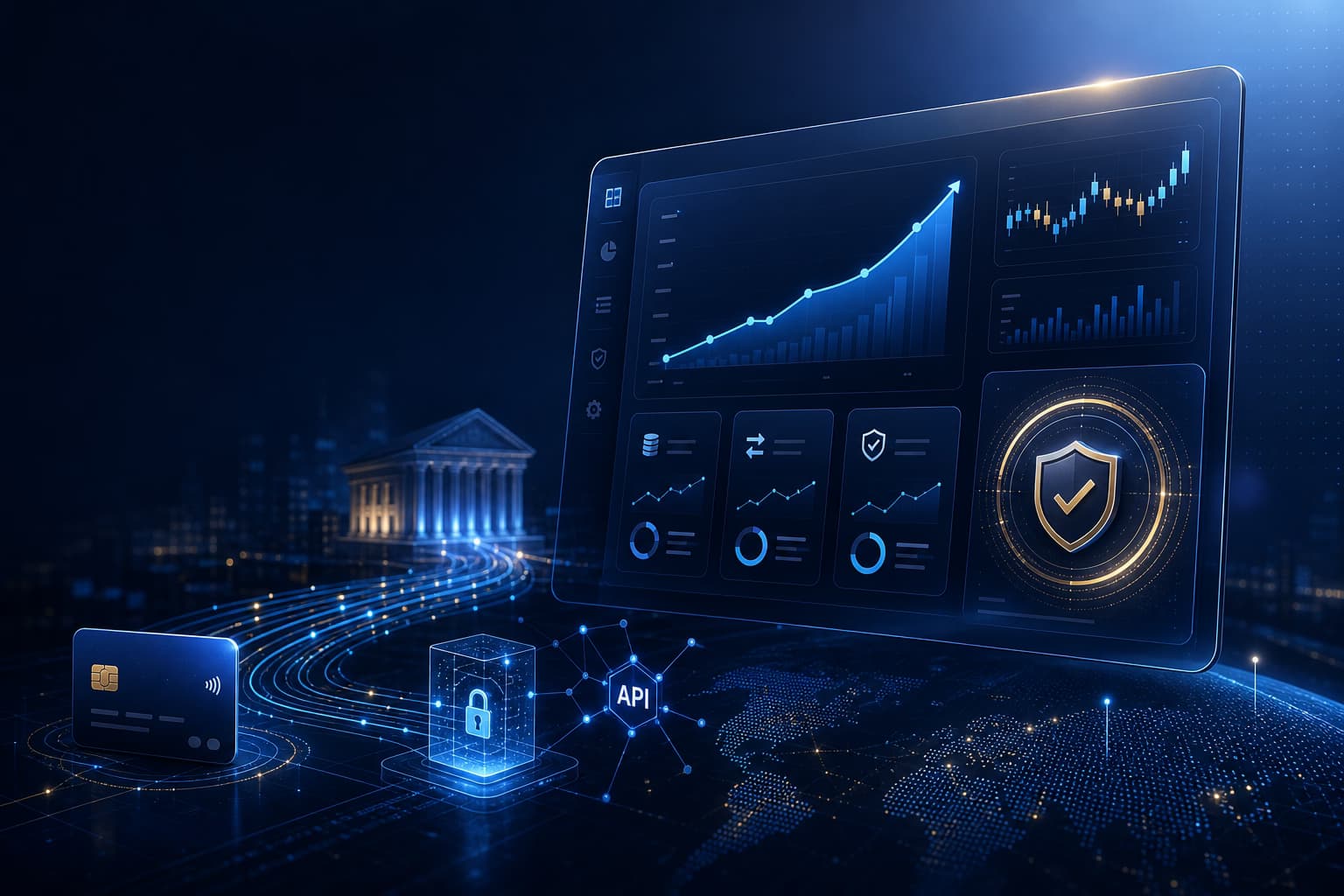 Software für Finanzdienstleistungen – B2B-Dashboard mit Umsatzkurve, Compliance-Schild, Kreditkarte und API-Knoten für Open Banking, KYC und BaFin-Compliance Software für Finanzdienstleistungen – B2B-Dashboard mit Umsatzkurve, Compliance-Schild, Kreditkarte und API-Knoten für Open Banking, KYC und BaFin-Compliance