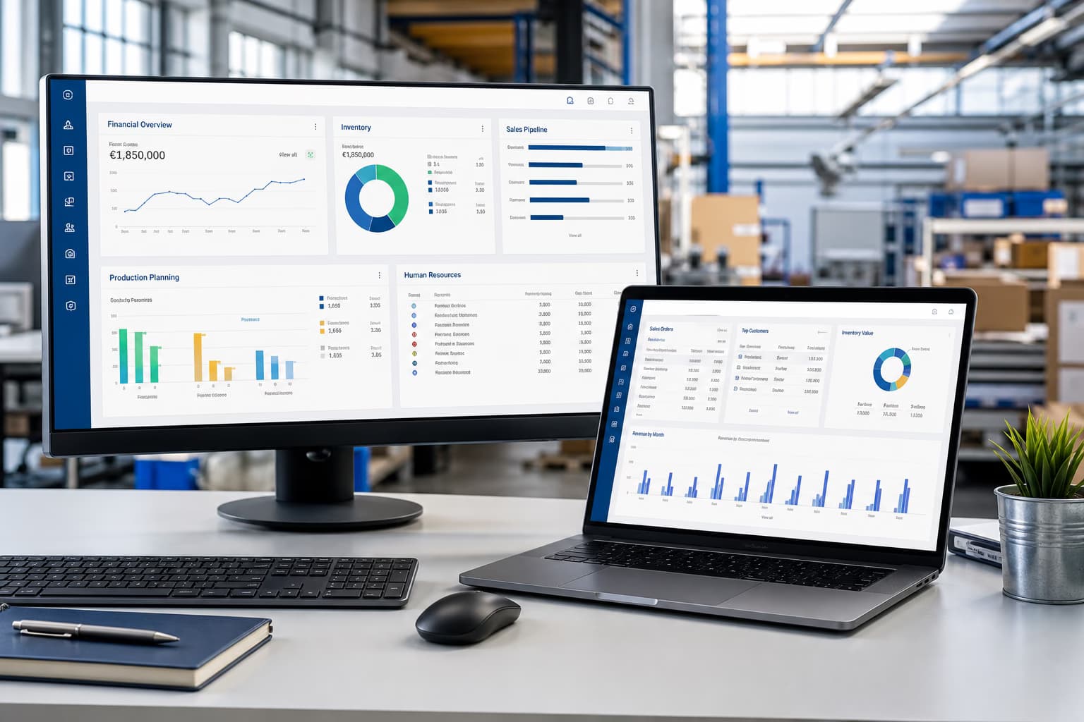 ERP für Mittelstand – integriertes Warenwirtschafts-Dashboard mit Aufträgen, Lager, Finanzen und Produktion ERP für Mittelstand – integriertes Warenwirtschafts-Dashboard mit Aufträgen, Lager, Finanzen und Produktion