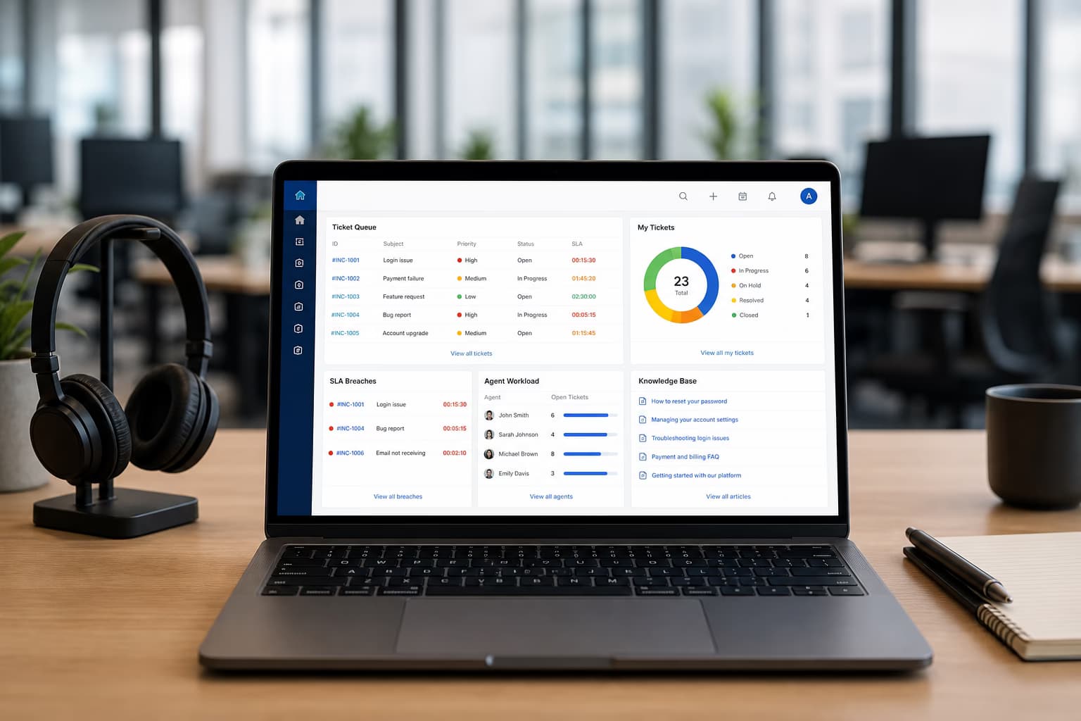 Helpdesk- und Ticketsystem – Support-Dashboard mit SLA-Timer, Ticket-Pipeline und Self-Service-Portal Helpdesk- und Ticketsystem – Support-Dashboard mit SLA-Timer, Ticket-Pipeline und Self-Service-Portal