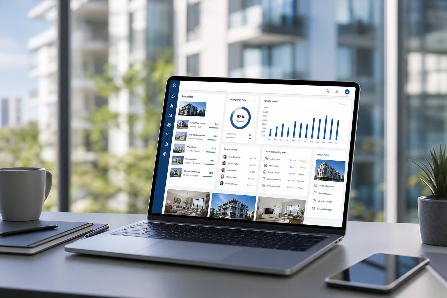 Immobilien-Software – Verwaltungs-Dashboard für Objekte, Mietverträge, Nebenkosten und Instandhaltung Immobilien-Software – Verwaltungs-Dashboard für Objekte, Mietverträge, Nebenkosten und Instandhaltung