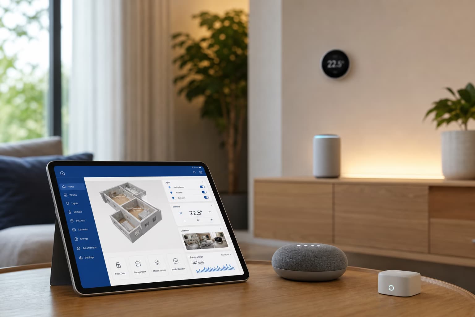 Smart-Home-Software – vernetzte Geräte, App-Steuerung und Automatisierungs-Dashboard für Lampen, Heizung und Sicherheit Smart-Home-Software – vernetzte Geräte, App-Steuerung und Automatisierungs-Dashboard für Lampen, Heizung und Sicherheit