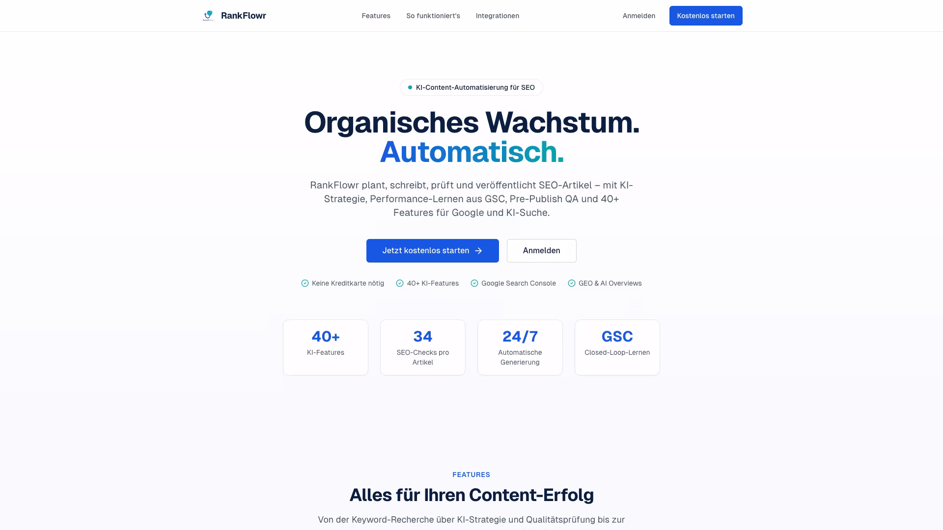 RankFlowr homepage: hero with headline “Organic growth. Automated.” – AI content automation for SEO, in-house product by Groenewold IT Solutions RankFlowr homepage: hero with headline “Organic growth. Automated.” – AI content automation for SEO, in-house product by Groenewold IT Solutions